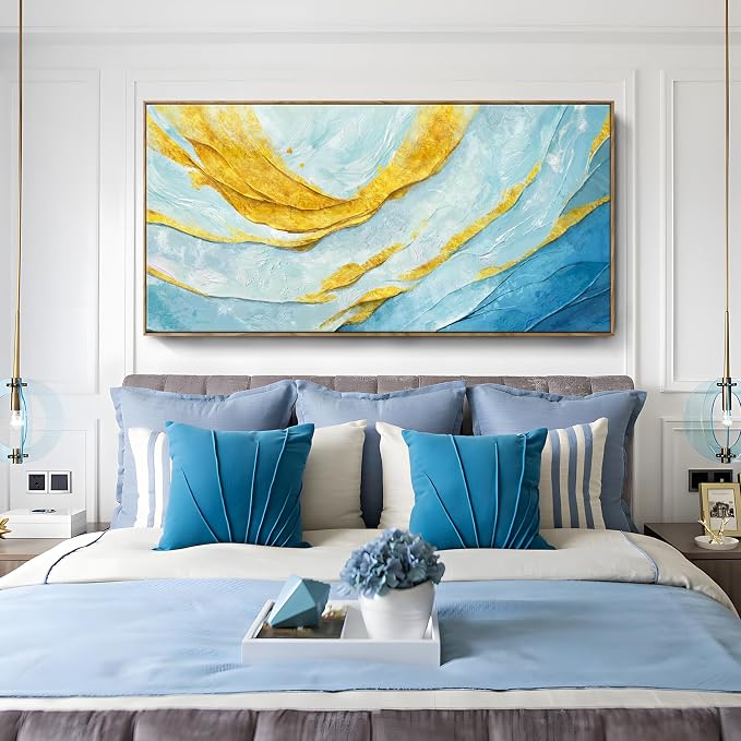Nicetop Extra Large Framed Abstract Canvas Wall Art – Blue Gold Modern Oversized Picture Flowing Lines Art Print – Horizontal Wall Decor with Wood Frame for Living Room Bedroom Home Office 58x29Inch