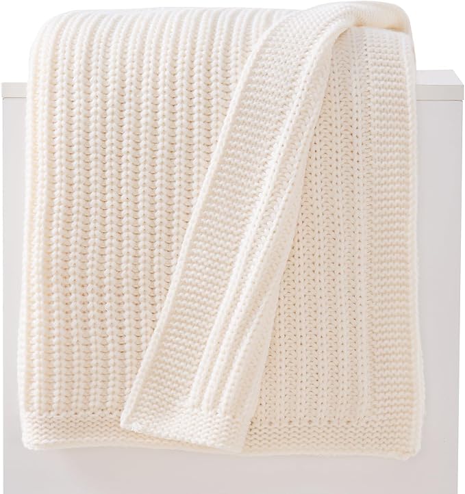 Cream White Chunky Knit Throw Blanket 50"x60" - Soft Cozy Thick Knitted Blanket for Couch Sofa Bed, Cute Christmas Decorative Throw for Living Room