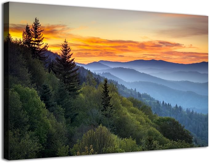 Large Nature Wall Art Great Smoky Mountains Canvas Pictures for Bedroom National Park Foggy Forest Wood Framed Painting Sunrise Photo Artwork Misty Landscape Living Room Dinner Home Decorations 32x48