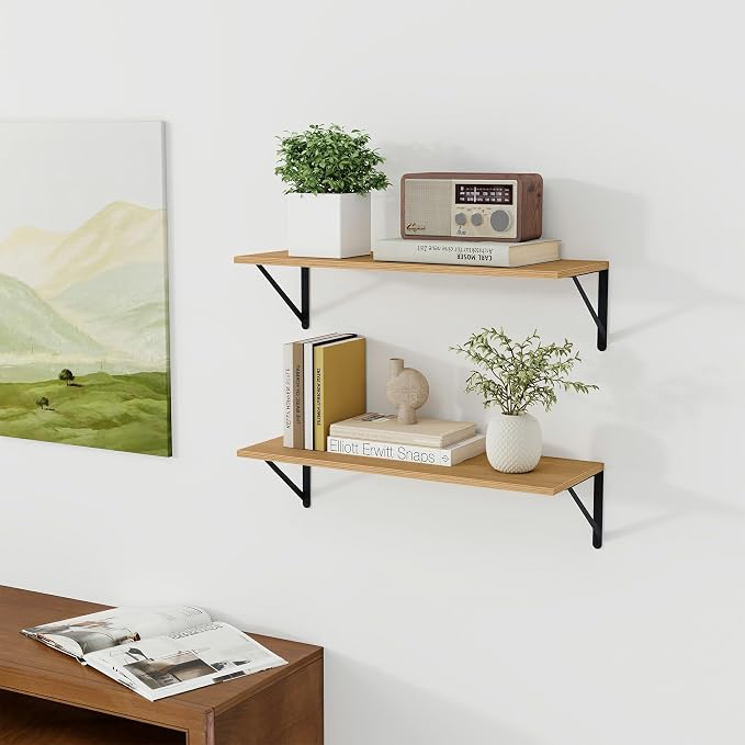 Vivelove 8 Inch Deep Floating Shelves for Wall, 24W x 8D Wood Wall Shelves Set of 3, Rustic Oak Wide Floating Bookshelf for Living Room, Kitchen, Office, Bedroom, with Black Metal Bracke - Oak