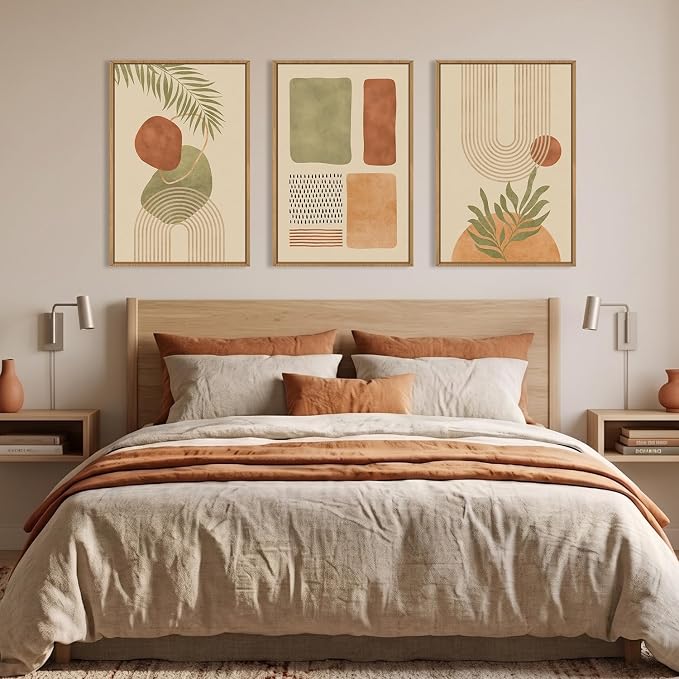 Large Boho Sage Green Framed Canvas Wall Art,Abstract Geometric Beige Wall Decor,Mid Century Modern Art Prints,Neutral Botanical Leaf Artwork for Living Room,Bedroom,Office -16"x24"x3