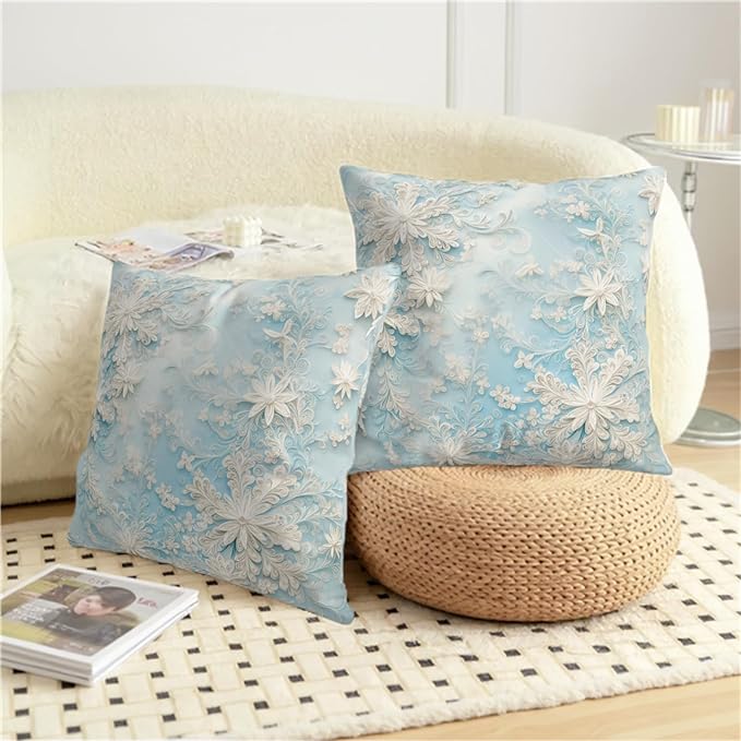 Blue Snowflakes Pillow Covers Winter Throw Pillow Covers 22x22 Set of 2 Snow Flower Pillowcase Floral Double Sided Printing Cushion Case for Living Room Bedroom Couch Sofa