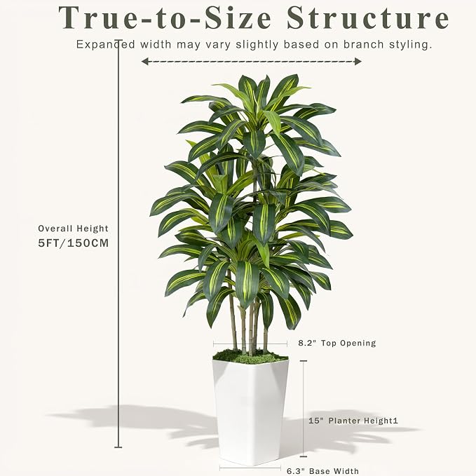 Dracaena Plant Artificial Tree 5Ft Tall Fake Tropical Floor Plants Potted Artificial Silk Tree Leaf Faux Trees White Tall Planter for Home Office Living Room Indoor Outdoor Decor