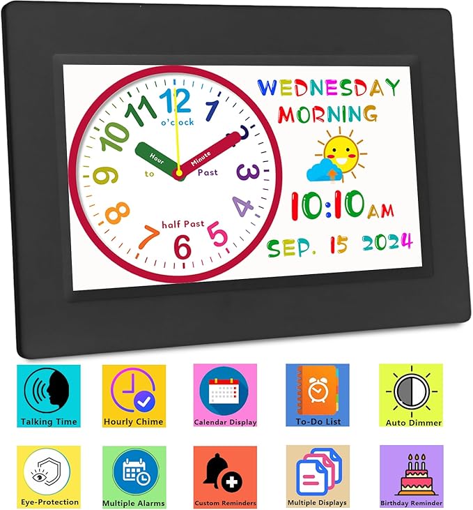 MASSII Digital Teaching Clock Talking Time, 24 Alarms Custom Reminders, Checklist to-Do List, Auto DST & Calendar Display, Sleep Trainer, Easy to Use for Kids Birthday Gift- Black with Remote