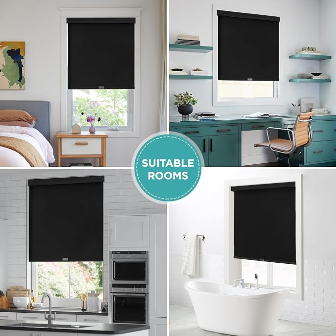 Joydeco 100% Blackout Roller Shades (Pro), Free-Stop Cordless Blinds for Windows, UV Protection, Natural Woven Blinds for Home and Office, Light-Proof Aluminum Cover (Black, 47" W x 75" H)