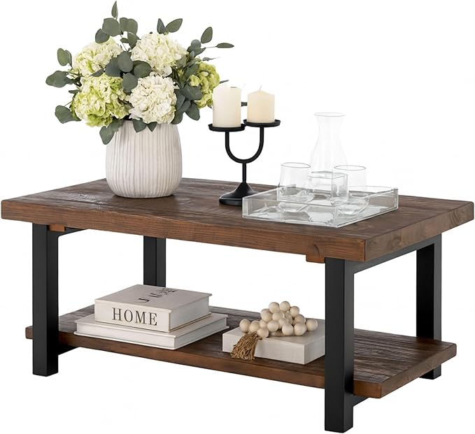 Alaterre Furniture Pomona Rustic Coffee Table with Storage Shelf - 42-Inch Industrial Modern Metal and Solid Wood Living Room Table - Easy Assembly Farmhouse Living Room Furniture (Rustic Natural) | Rectangular Center Table with Storage Shelf and Metal...