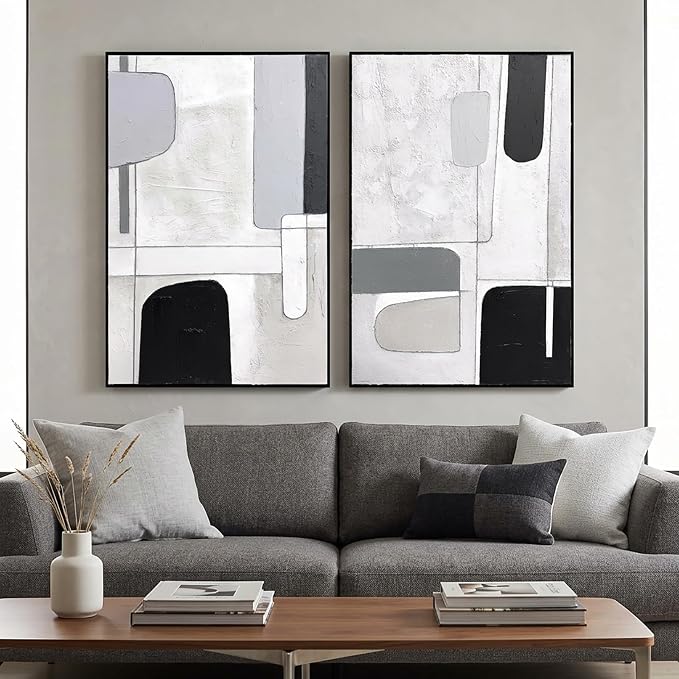 SAFERRYHOME Abstract Textured Hand Painted Wall Art, Large 3D Texture Minimalist Framed Canvas Wall Decor, Modern White Black Painting Geometric Artwork for Home Office Living Room, 24"x36"x2