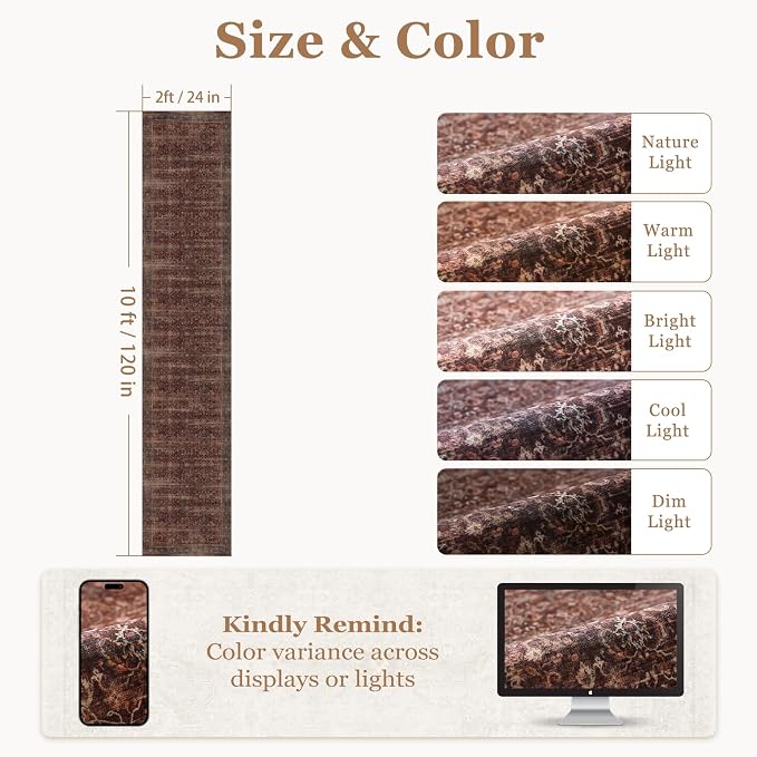 Brick Red 2x10 Rug Runners for Hallways Non Slip, Long Kitchen Runner Rugs Non Skid Washable, Vintage Famrhouse Low Pile Thin Print Carpet Runners for Entryway Corridor Mudroom Foyer
