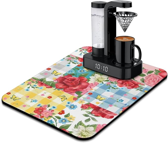 Coffee Bar Super Absorbent Anti-Slip Dish Drying Mats for Countertop - Silicone Flower Decor Fit Coffee Maker & Espresso Machine - 24inx18in