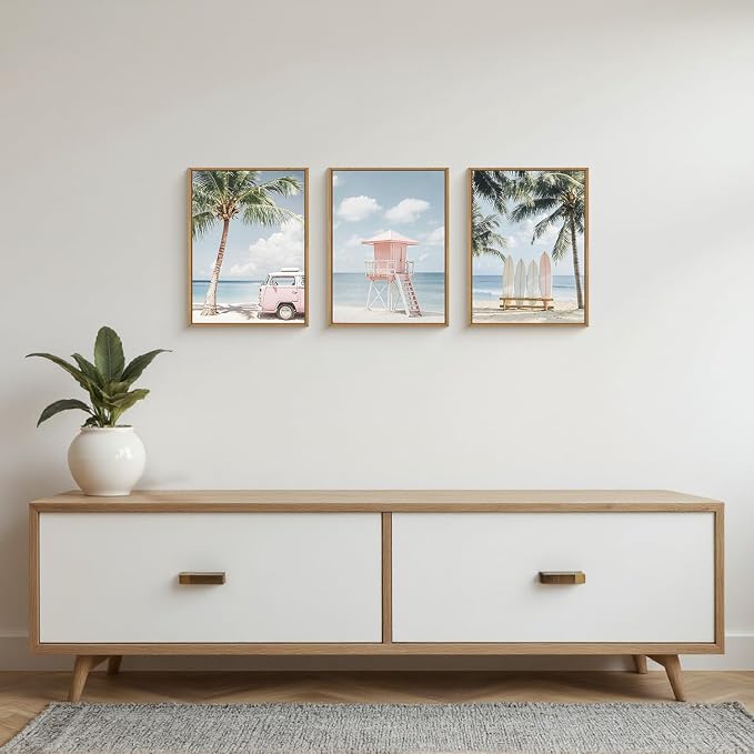 Beach Seascape Ocean Framed Canvas Wall Art Set,Modern Coastal Surfboard Palm Tree Wall Decor,Summer Pink Van Artwork for Living Room,Bedroom,Dining Room,Office -12"x16"x3