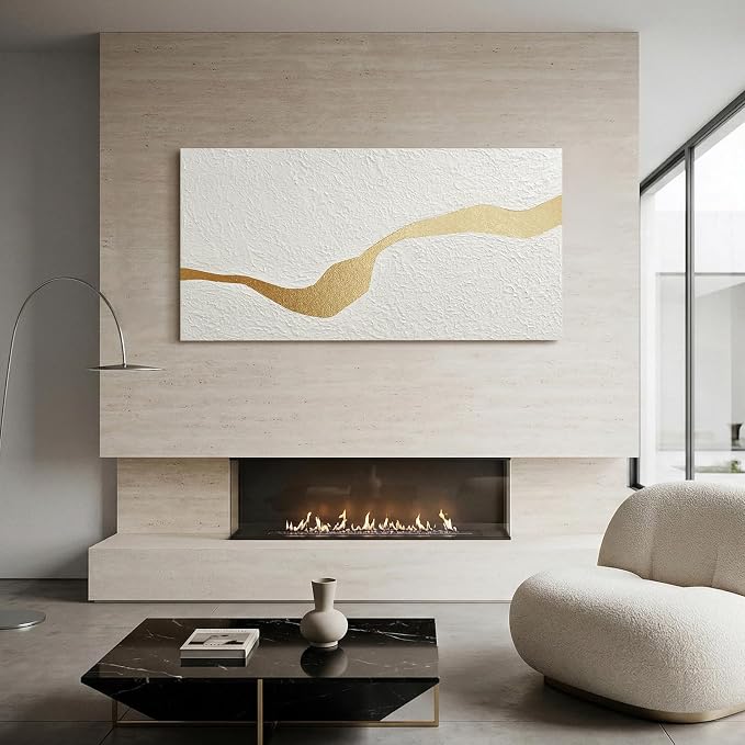 Large Horizontal Abstract White & Gold Textured Wall Art for Living Room | Modern Hand-Painted Oil Painting Artwork for Bedroom Office Dining Room, Original Contemporary Minimalist Wall Decor, Gifts