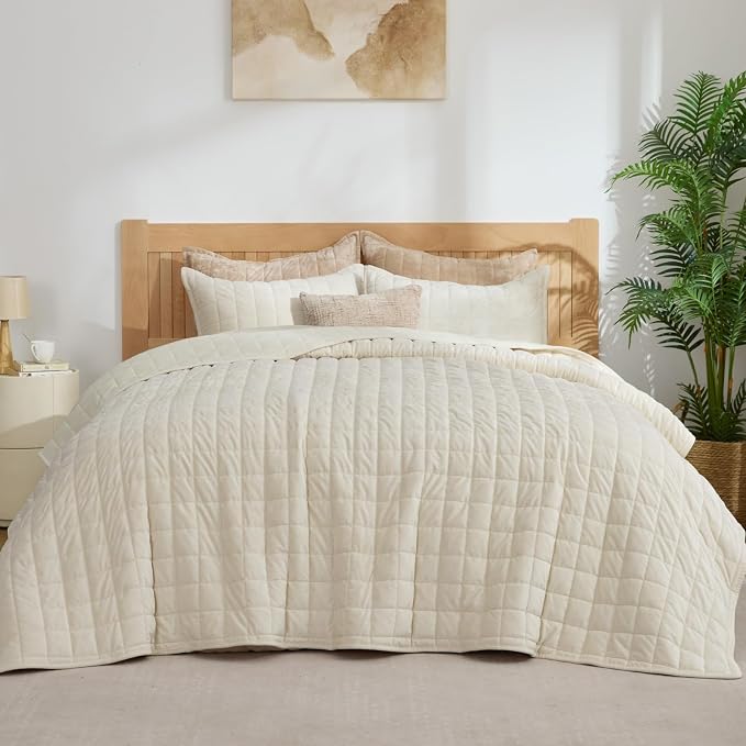 BEDELITE Velvet Quilt Set Queen Size - Luxury Soft Velvet Comforter Bedding Set for All Season, Lightweight Quilted Box Stitch Oversized Bedspread Coverlet with 2 Matching Shams, Cream White