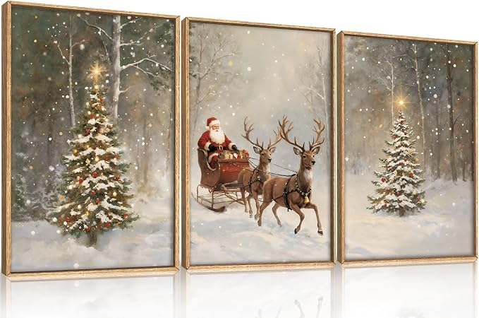 LHIUEM Christmas Santa Reindeer Framed Canvas Wall Art Set,Vintage Trees Snowy Wall Decor,Sleigh Deer Forest Winter Wall Printing for Living Room,Bedroom,Dining Room,Office -24"x36"x3