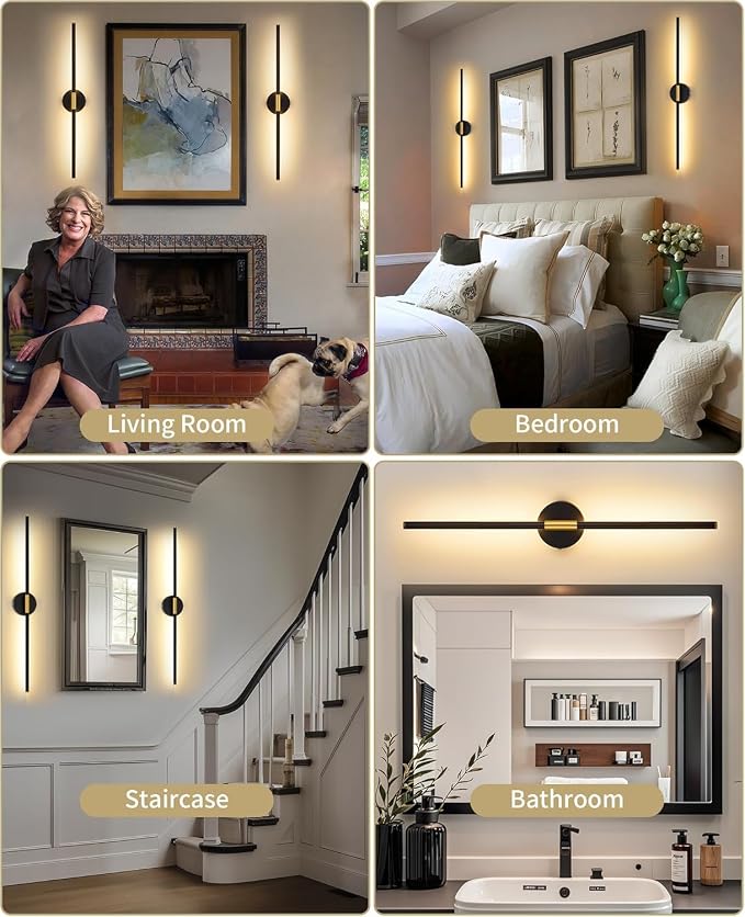 40 Inch Battery Operated Wall Sconce Set of 2 - 8000mAh, Wireless, Rechargeable, Dimmable, 3000K-6000K, Remote, Touch Control, Timer, 350° Rotate, LED Wall Lamps for Living Room, Bedroom, Black Gold
