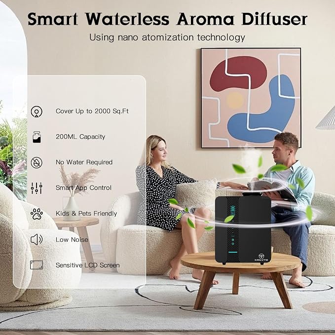 Waterless Diffuser Smart APP Control 2000 Sq.Ft Oil Level Monitoring | Diffusers for Home Smart LCD Touch, 200ML Essential Oil Diffuser for Large Room, Hotel, Office, Luxurious Metal
