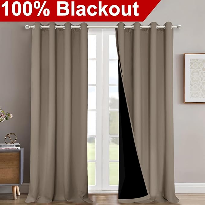 NICETOWN 100% Blackout Blinds, Laundry Room Decor Window Treatment Curtains for Large Patio Sliding Door, Thermal Insulated Taupe Curtains for Bedroom, Set of 2, 52 inches x 108 inches