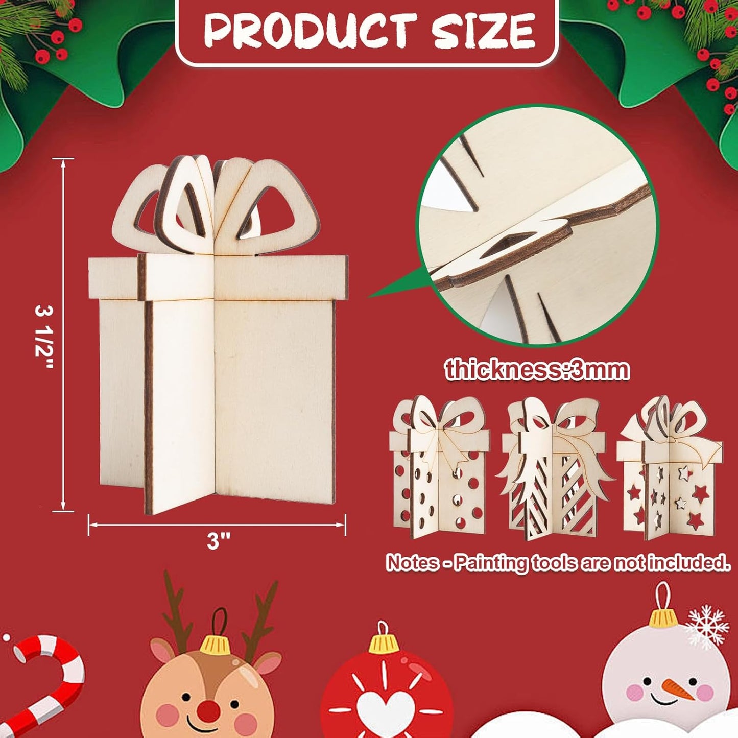 COCHIE DIY 3D Christmas Gift Box Wood Crafts to Paint for Kids Adults, Paintable Unfinished Wooden Slices for Craft, Xmas Gift Boxes Cutouts Ornaments for Painting Decorations (24 PCS)