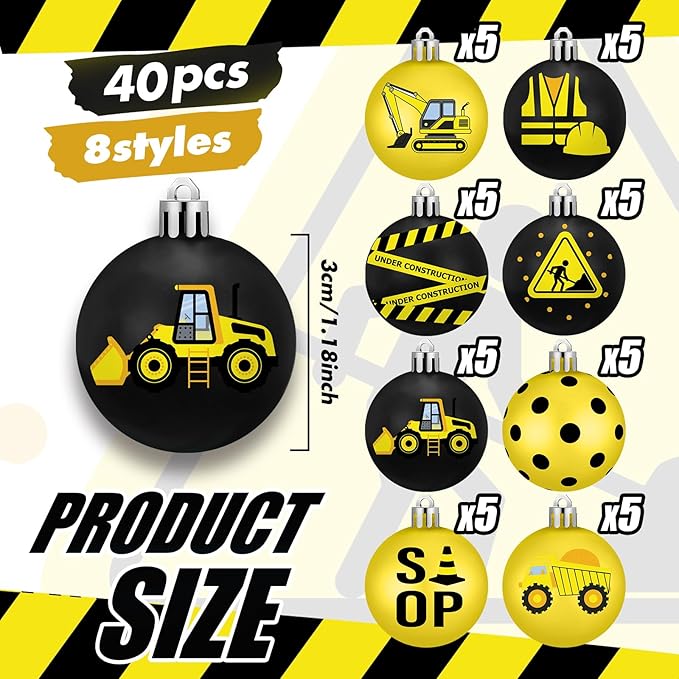 HyDren 40 Pcs Mini Construction Ornaments Yellow and Black Construction Theme Party Decoration 1.2 Inch Small Hanging Ball for Holiday Decorations