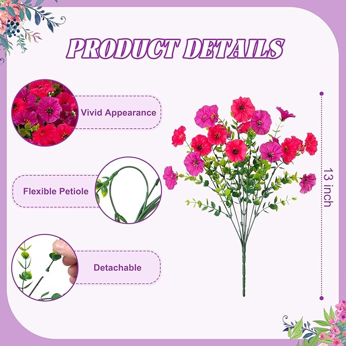 Hrobek Artificial Flowers for Outdoors, 12 Bundles Fake Plastic Flower Plant, Faux Colorful Silk Morning Glory Eucalyptus for Spring Summer Outside Garden Porch Front Door Decor, Hot Pink Purple