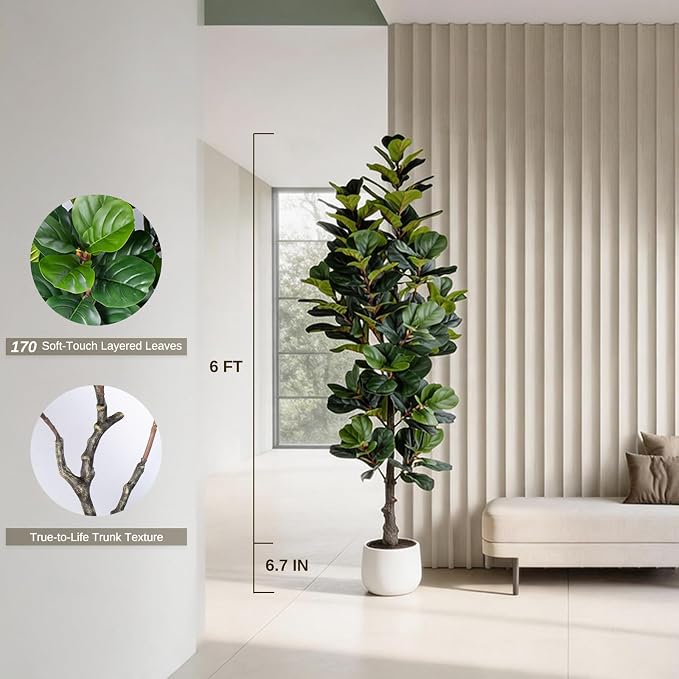 6FT Ultra-Full & Lush Artificial Fiddle Leaf Fig Tree for Home Decor – 171 Lifelike Leaves, Large Faux Plants Indoor, Artificial Plants Indoor for Office Living Room Interior Decor – Housewarming Gift