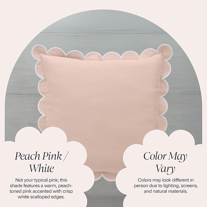 BEBE BASK Scalloped Pillow Cover - Set of 2-18 x 18 Inch - Scallop Pillow Covers – Peach Pink Scalloped Pillows - Scallop Pillows - 100% Cotton - Grandmillennial Style (Peach Pink/White)