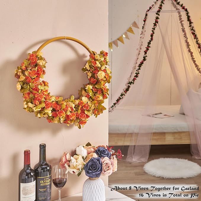 PONKING 6 Pcs x 8.2 ft Flower Garland Artificial Rose Vine Flowers with Green Leaves Hanging Fake Roses Vine for Room Party Home Wedding Birthday Christmas Wall Arch Decor, Fall Champagne Flower