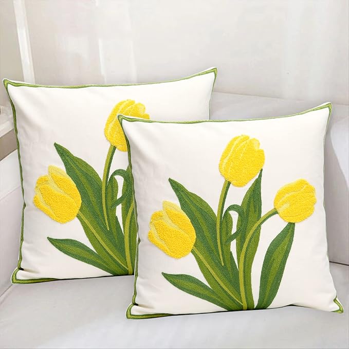 Pack of 2 Embroidered Decorative Throw Pillow Cover 18x18 Inch Farmhouse Floral Pillowcase for Living Room Sofa Bed (Yellow Tulip)