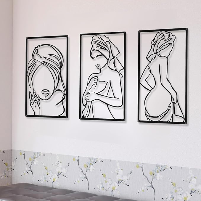 CHENGU 3 Pieces Metal Minimalist Abstract Woman Wall Art Line Drawing Wall Art Decor Single Line Female Home Hanging for Kitchen Bathroom Living Room