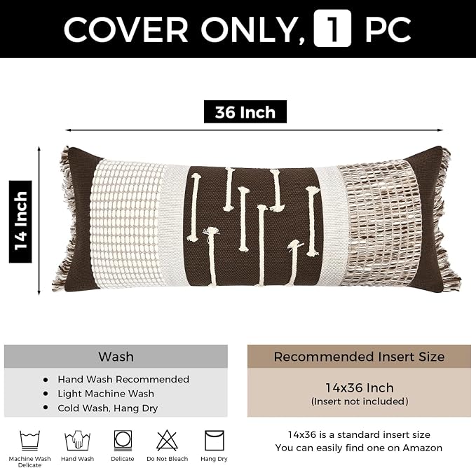 Dark Brown Boho Decorative Lumbar Pillow Cover 14x36 | Modern Farmhouse Long Lumbar Decorative Pillows Cushion Case with Handmade Drawn Work Tassel for Bed Couch