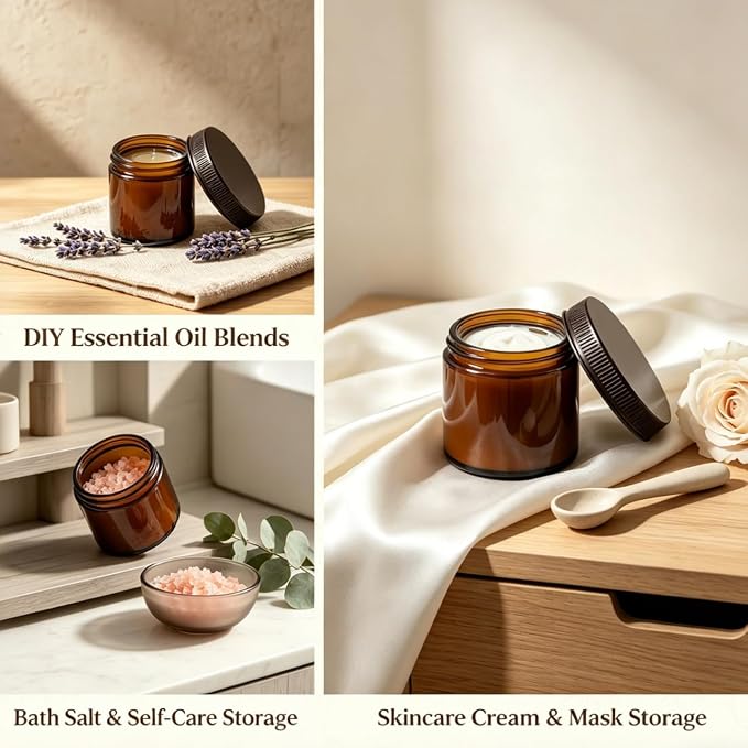 8oz Amber Candle Jars Set of 12,Round Glass Jar with Black Lids,Empty 250ml Glass Candle Making Jar Bulk Thick Small Food Storage Jars for Spice,Candy,Powder