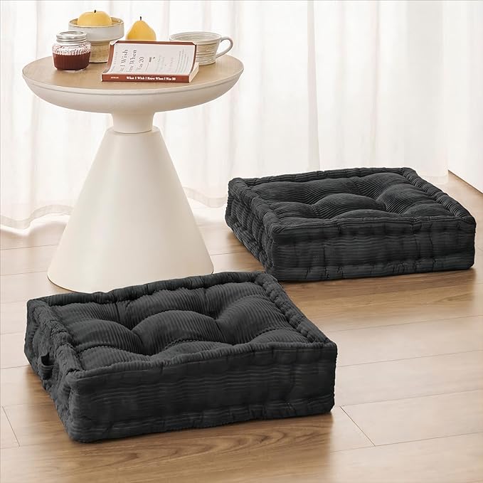 Wellsin Square Floor Pillows for Adults Kids - Meditation Floor Pillow Seating Cushion - Tufted Floor Cushion with Shredded Foam & Velvet Cover, 2 Pack, 20x20 Inch, Gray