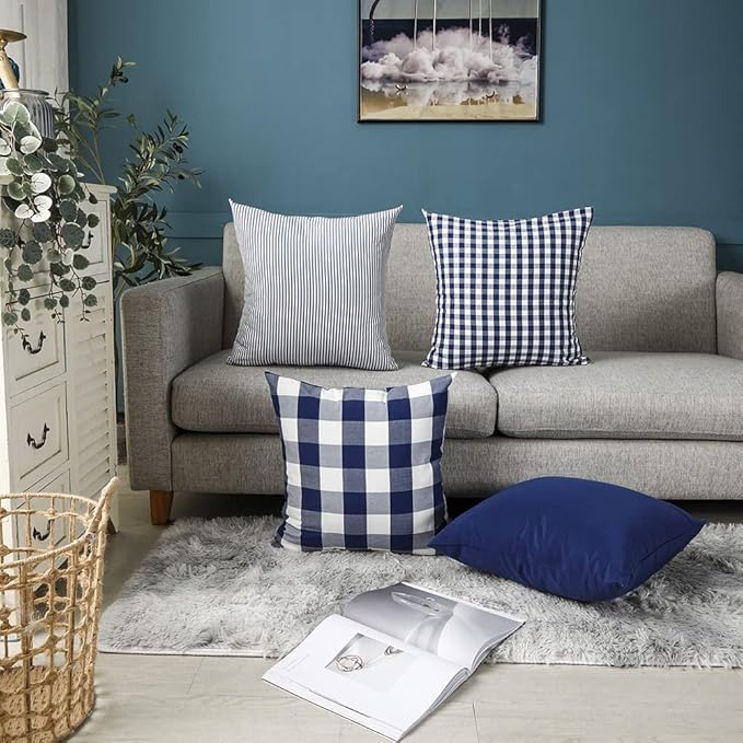 CARRIE HOME Navy Blue Buffalo Plaid Outdoor Throw Pillow Covers 18x18 Set of 4 Blue and White Farmhouse Decor Pillow for Couch Sofa Patio