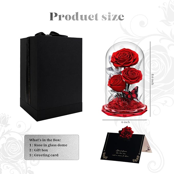Forever Roses in Glass Dome - Preserved Flowers,Birthday for Her Women Valentine's Day, Mother's Day, Anniversary A-Grade Red Roses, Home Decor for Girlfriend,Wife, Mom (Red)