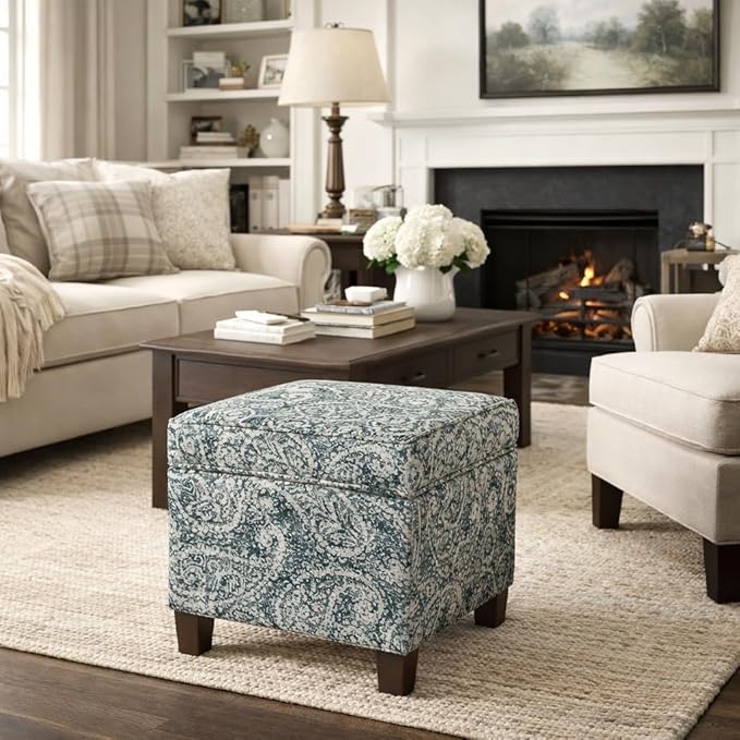 Homepop Home Décor|K7342-F2214|Classic Square Storage Ottoman with Lift Off Lid | Ottoman with Storage for Living Room & Bedroom, Gray Paisley Blue