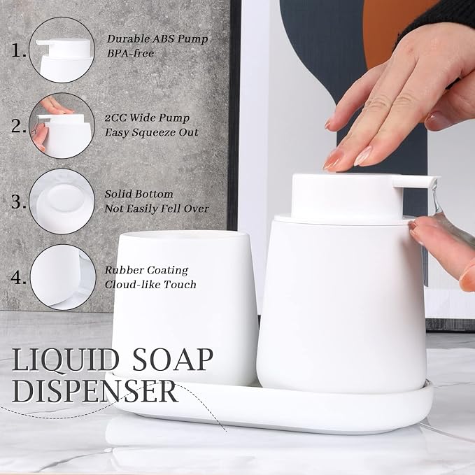 BosilunLife Ceramic Bathroom Accessories Set 3 Pcs, Liquid Soap Dispenser and Toothbrush Holder with Tray, Modern Farmhouse Vanity Decor, White Housewarming Gift