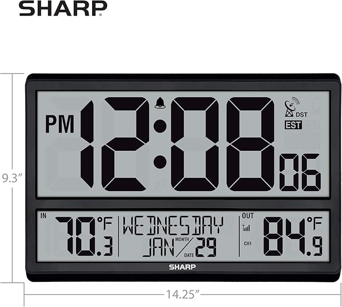 Sharp Atomic Clock - Never Needs Setting! –Easy to Read Numbers - Indoor/Outdoor Temperature, Wireless Outdoor Sensor - Battery Powered - Easy Set-Up (4" Numbers)