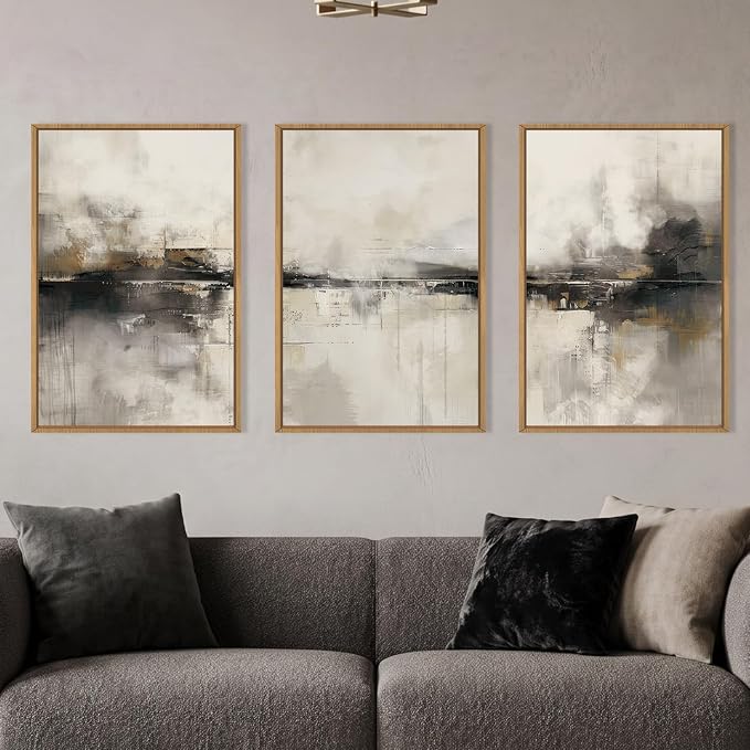 HOURIA Large Abstract Neutral Beige & Black Framed Canvas Wall Art Set,Modern Minimalist Brown Wall Decor,Textured Gray Tan Illustrations Artwork for Living Room, Bedroom, Farmhouse- 24"x36"x3