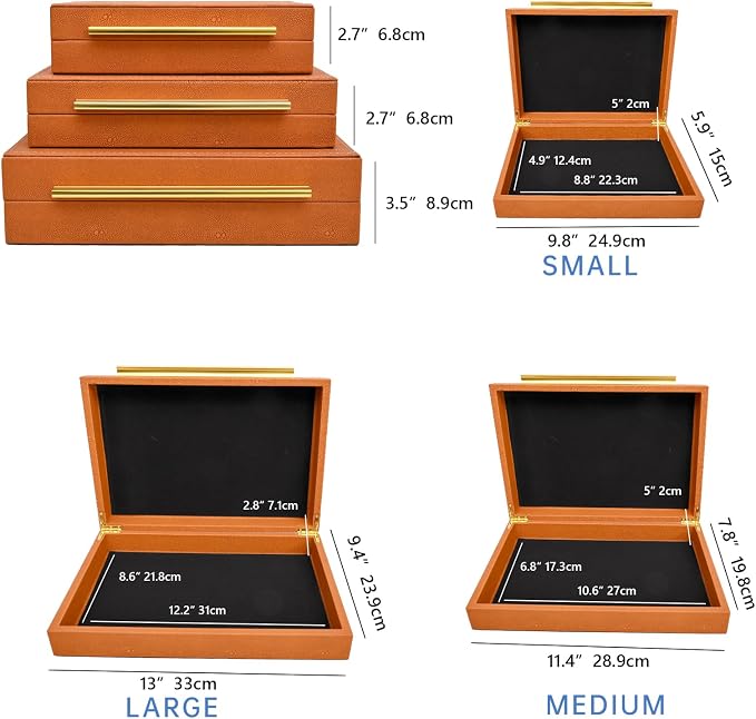 DECOR4SEASON Faux Shagreen Decorative Storage Boxes – Set of 3 Stackable Jewelry Organizers with Gold Metal Handles & Velvet Lining, Modern Burn Orange Box for Vanity, Entryway & Coffee Table Décor