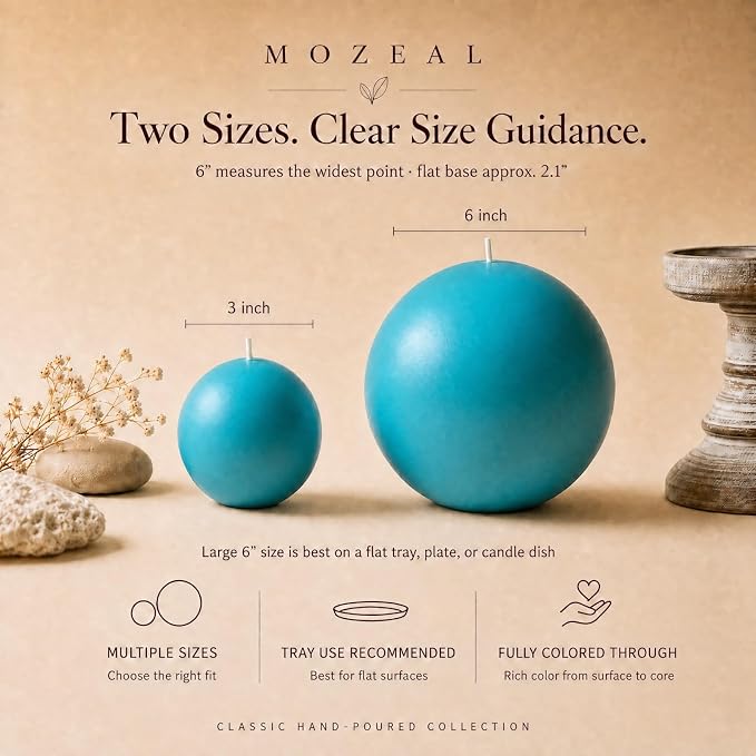 MOZEAL Hand-Poured, 6 Inch Turquoise Large Round Ball Candles - Elegant Turquoise Round Pillar Candles, Dripless, Unscented, Smokeless, Ideal for Summer Parties.