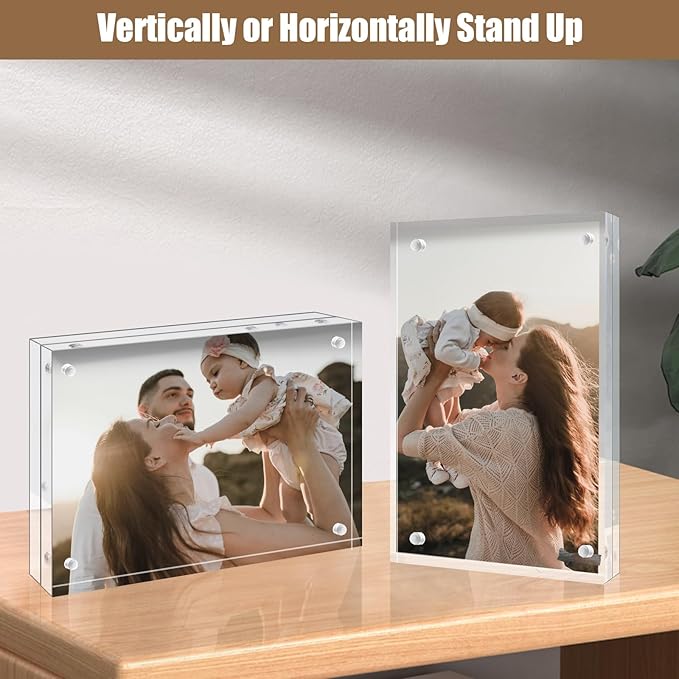 Egofine 3.5x5 Acrylic Frames 2 Pack, 20mm Thicker Frameless Clear Picture Frames, Double Sided Magnetic Picture Frames, Free Standing Desktop Display