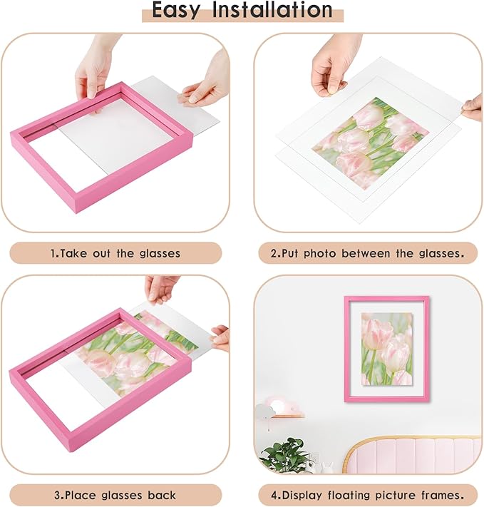 MUYE 12x16 Floating Frame Set of 2,Double Real Glass Photo Frame,Display Any Size Photo up to 12x16,Wall Mount or Tabletop Standing,Pink