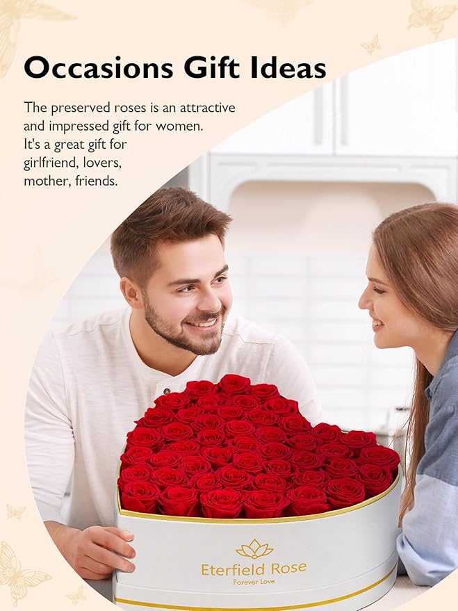 Eterfield 47 Forever Flowers in Heart Shape Box, Preserved Roses that Last a Year Preserved Flowers Birthday Gifts for Her Mom Women Wife Anniversary Valentines Day Mothers Day Christmas, Red