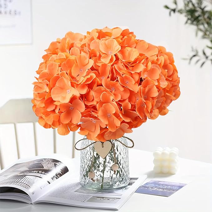 AVIVIHO 65pcs Fake Flowers Orange Hydrangea Artificial Flowers Bulk (Not Squished, No Steaming Need) Silk Flowers with Stems for Wedding Decor,Home,Baby Shower,Table Centerpieces Decoration