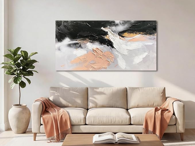 Ardemy Textured Abstract Canvas Wall Art - Black White Gold Beige Brush Strokes Painting Large 48"x24", Modern Splatter Artwork for Living Room Bedroom Home Office Luxury Wall Decor
