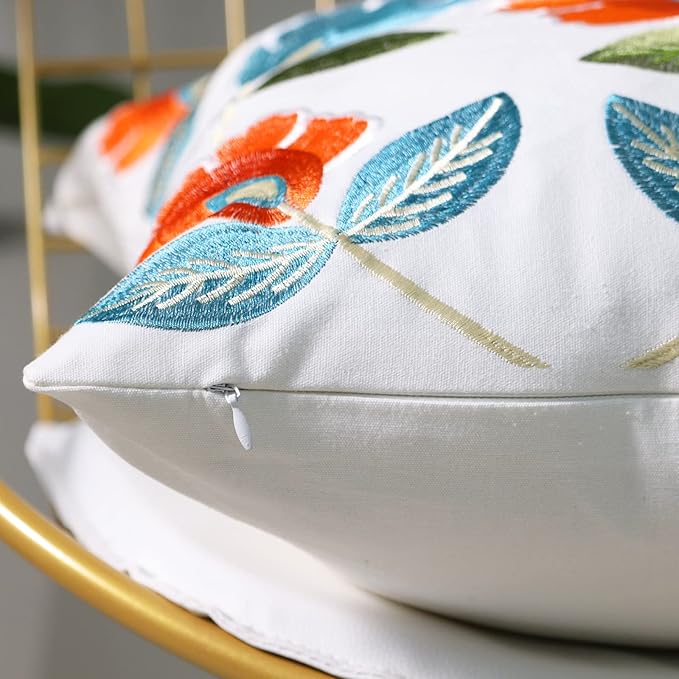 Set of 2 Embroidered Decorative Throw Pillow Covers Couch Square Pillowcases Cushion for Bedroom Sofa Farmhouse Decor 18x18 Inch (Flower)