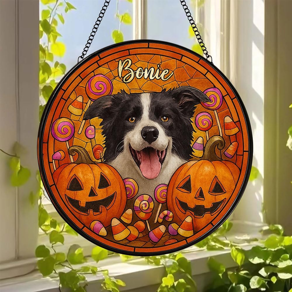 Personalized Halloween Dog Glass Window Hanging Ornament,Custom Pet Photo Ornament, Unique for Dog Lovers,Customized Pet Keepsake for Spooky Season, Fall Holiday Décor /5