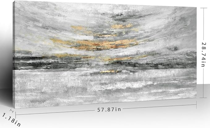 Nicetop 58x29" Large Black and White Abstract Coastal Wall Art with Metallic Gold Accents, Modern Minimalist Canvas Print of Ocean Waves and Clouds, Ready to Hang Wall Decor for Living Room, Bedroom Above Bed, Office