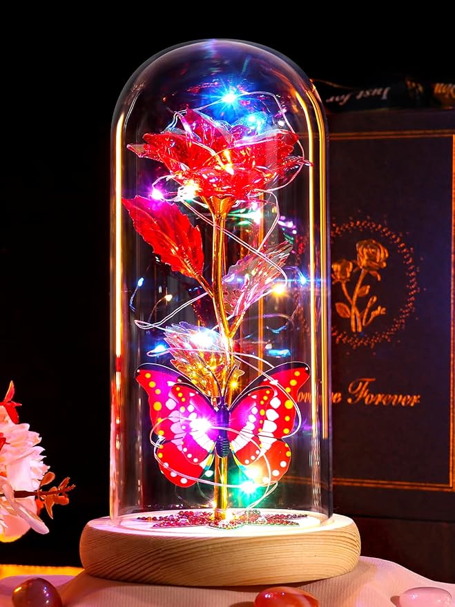 Beferr Birthday Gifts for Women Galaxy Glass Rose Forever Preserved Flowers for Delivery Light Up Rose in Glass Dome Mothers Day Butterfly Gifts for Mom Wife Grandma Her Daughter Girlfriend