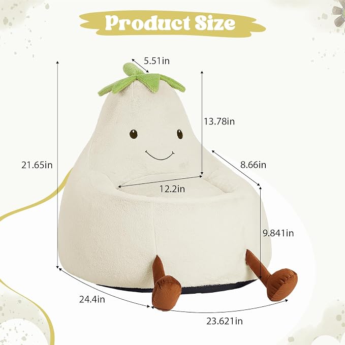 24 Inches Memory Foam Bean Bag Chair - Ultra Soft Faux Rabbit Fur Round Sofa with Handle & Machine Washable Cover, Eggplant-Shaped Kids Reading Chair for Bedroom, Living Room and Playroom, Beige
