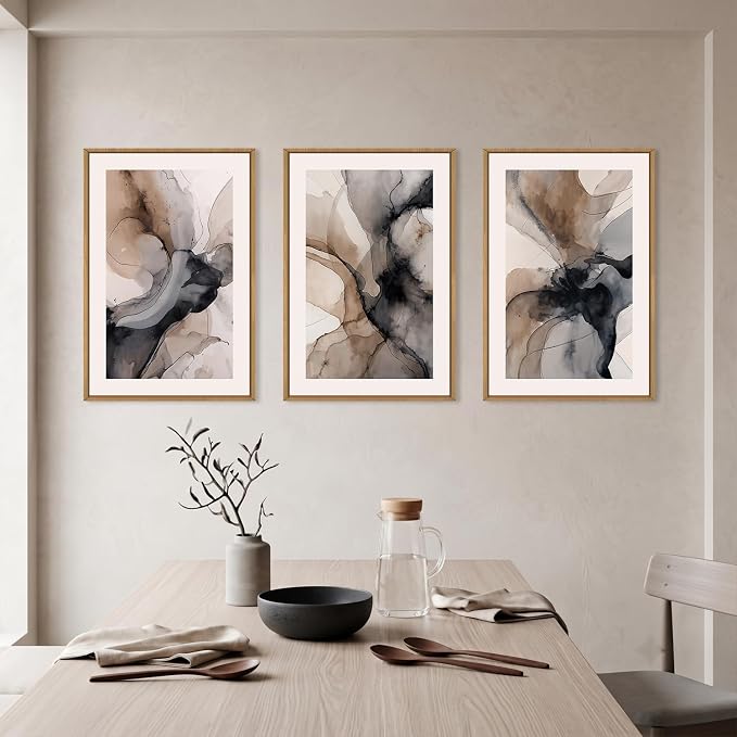 Large Abstract Neutral Framed Canvas Wall Art,Watercolor Black Ink Wall Decor,Modern Beige Brown Prints,Minimalist Line Artwork for Living Room,Bedroom,Dining Room,Office-16 x24 x3